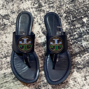 Tory Burch Benton Band Flat Sandals Calf Leather Royal Navy Size 9.5M